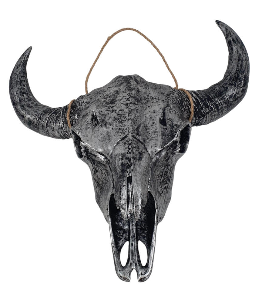 Buffalo skull with cord, antique silver