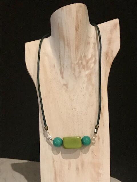 Green leather necklace with avocado green Tagua nut