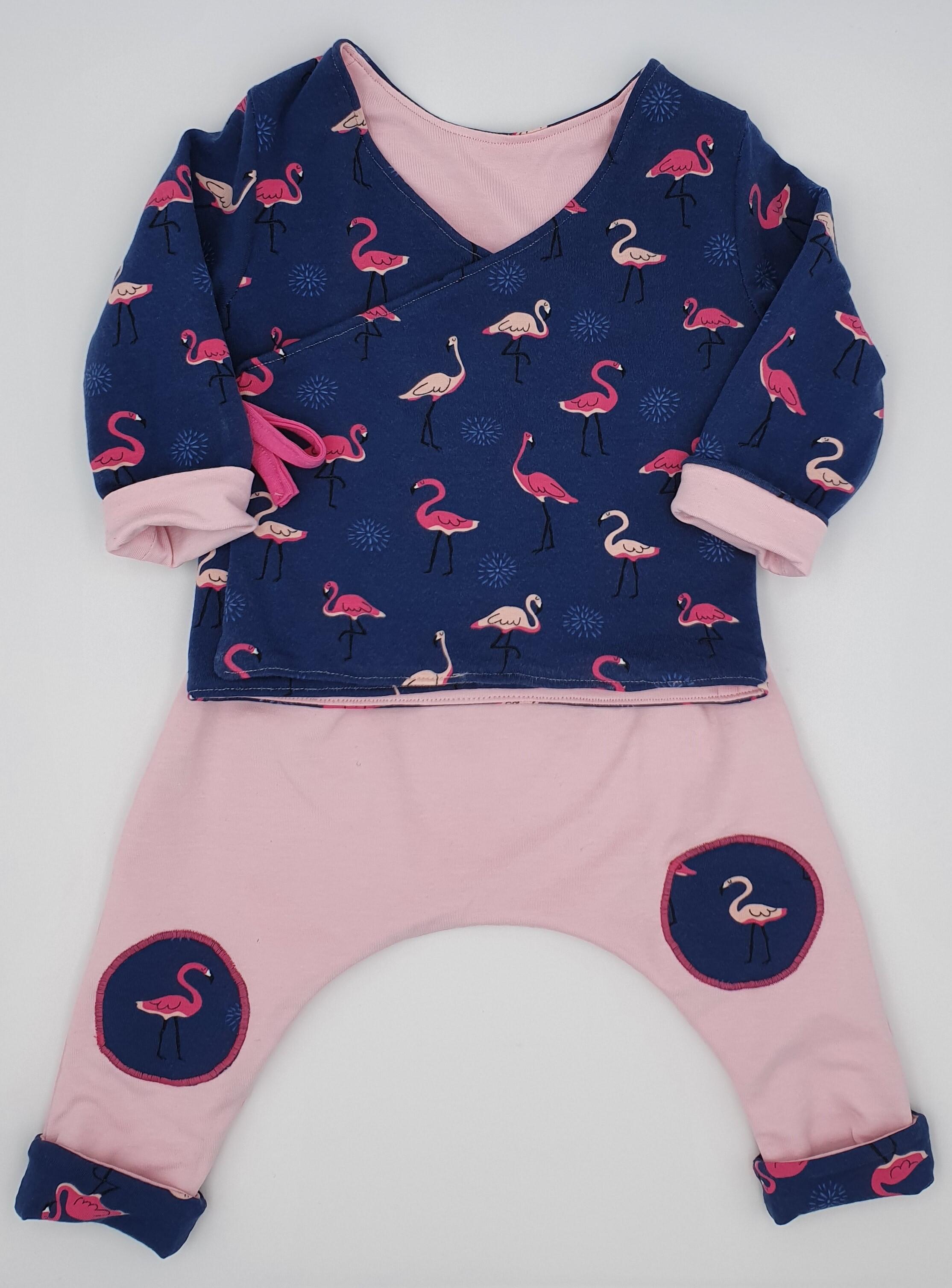 Girl's 2-piece set (Sarouel + wrap-around vest) "Pink Flamingos" (reversible &amp; scalable!)