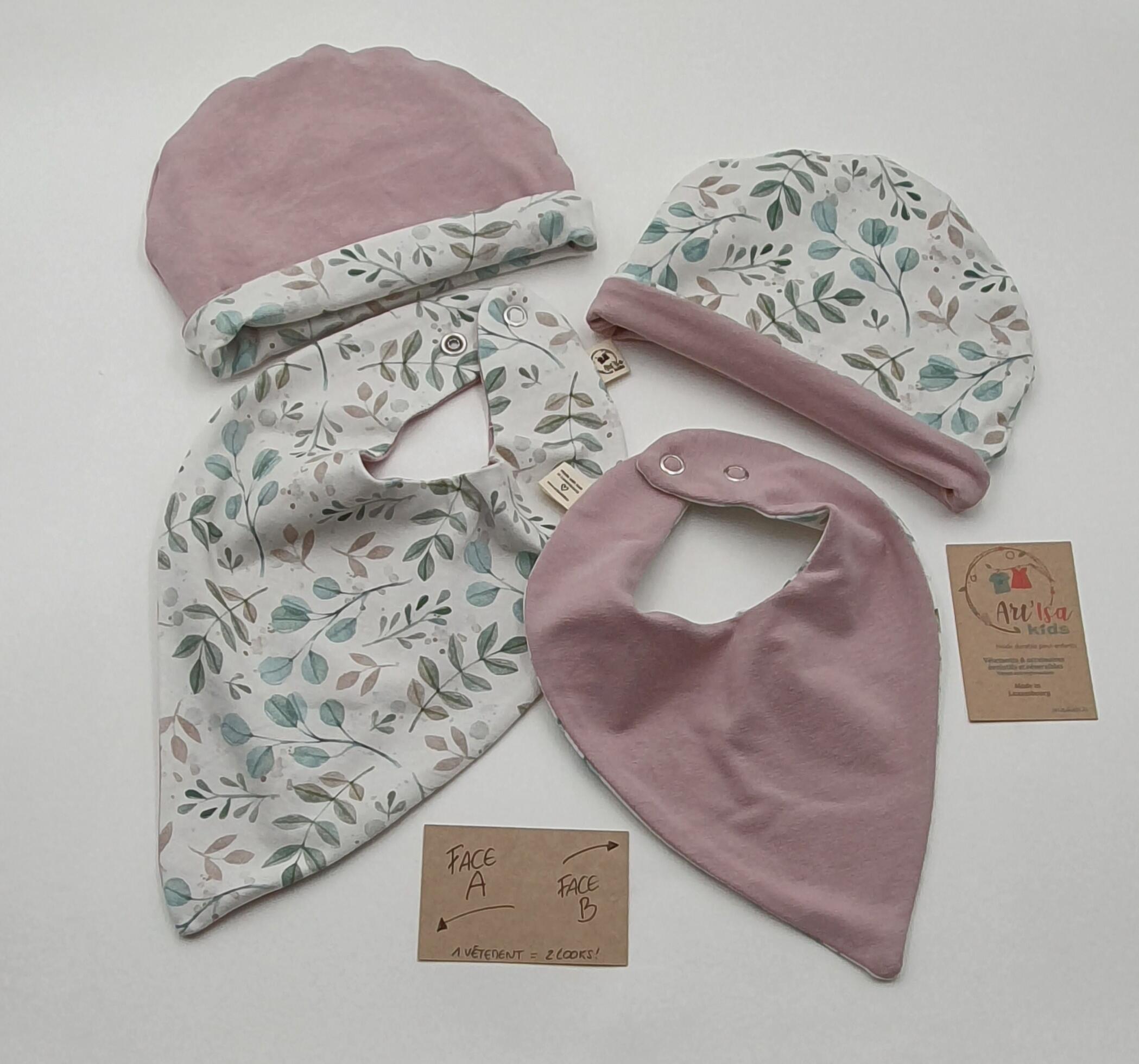 Ensemble bonnet + bandana "Feuillage"