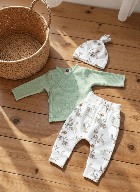 Broekiezz Set Waffel Lamgarm Wickelhemd mint, Hose Safari + Newbornmütze Safariprint