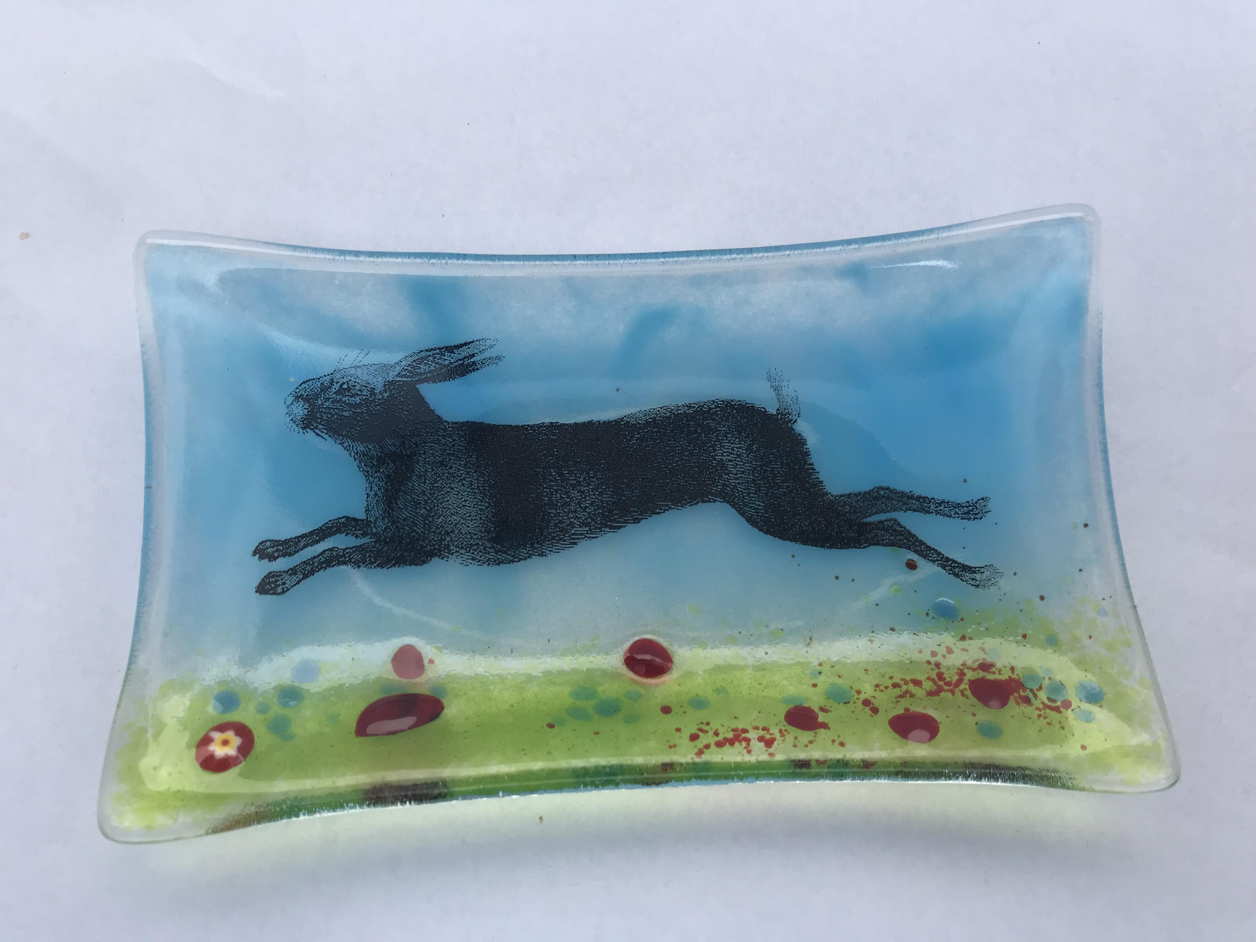 Small bowl with rabbit and murrini, handmade, transparent glass 