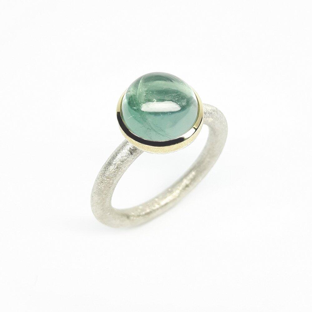 Ring made of 18k yellow gold, 925 sterling silver, and blue-green tourmaline. Unique piece.