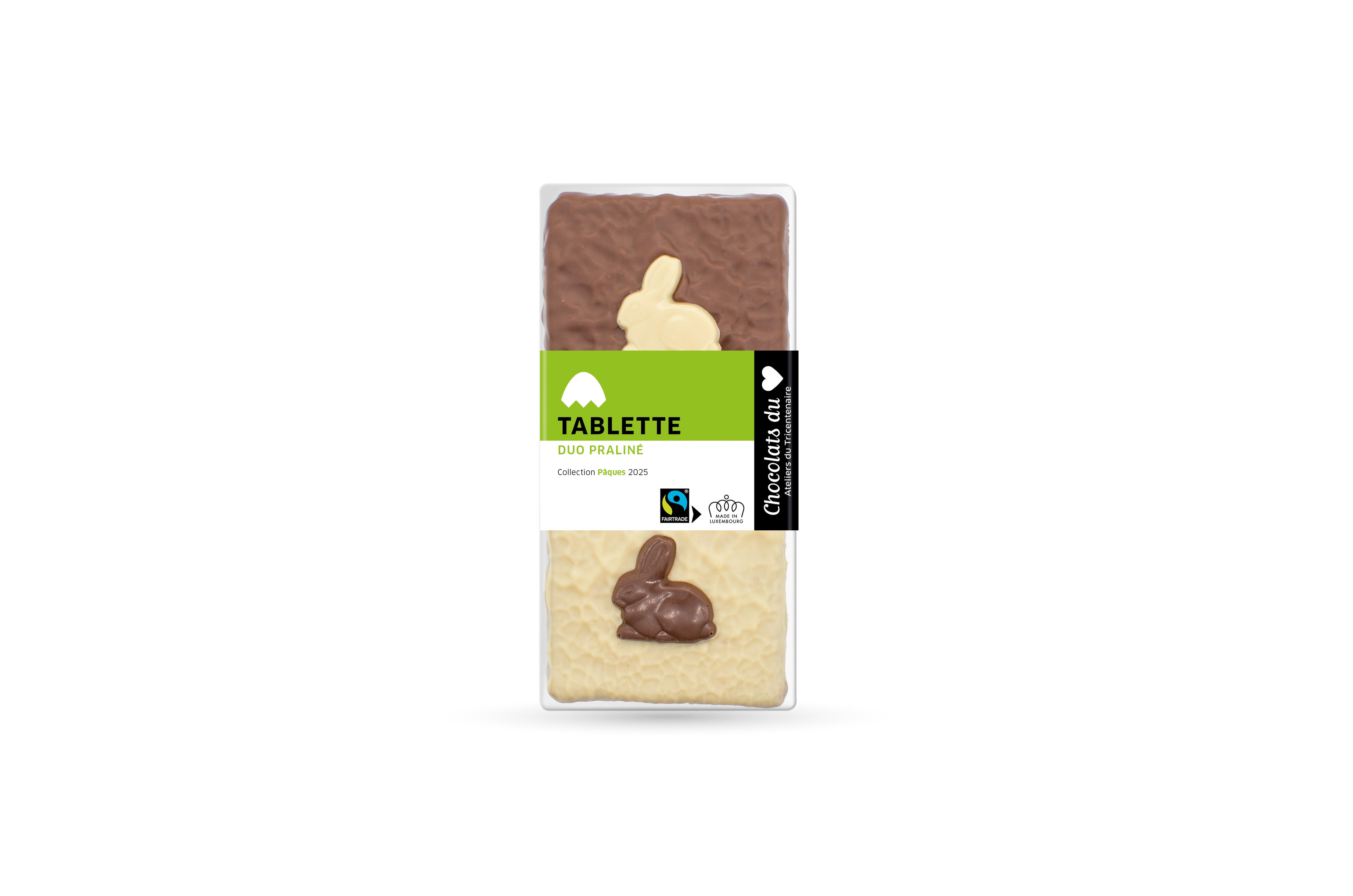 Pâques - Tablette Duo praliné, chocolat Fairtrade 115gr.