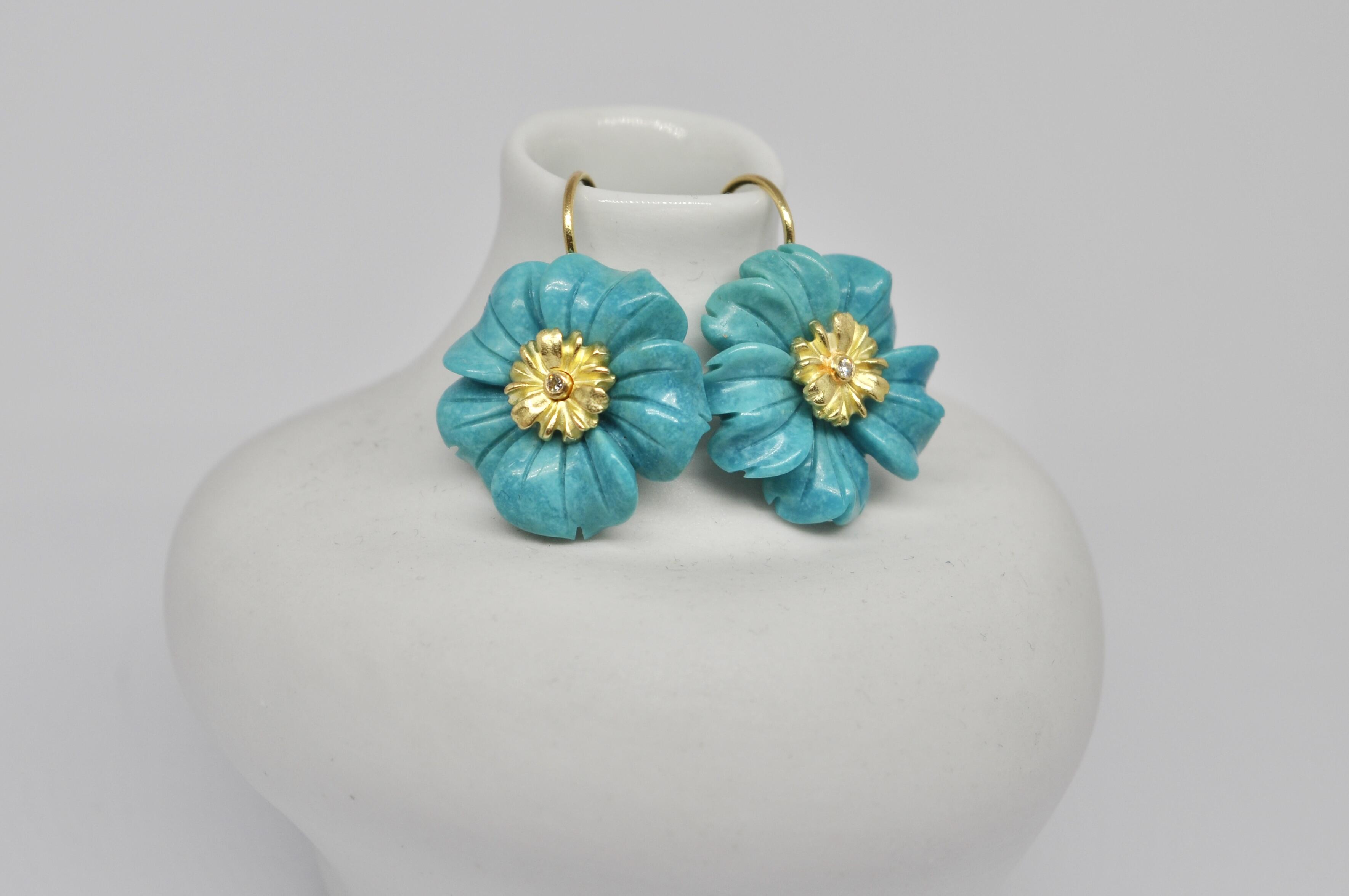 ECHTE TÜRKISBLÜTEN-OHRRINGE, GOLD, DIAMANTEN