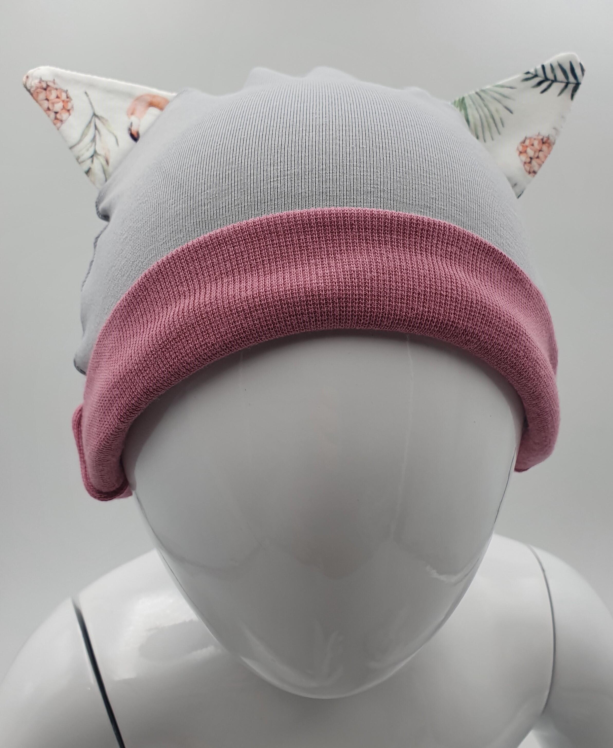 Reversible beanie + collar set for children "Pink Flamingos