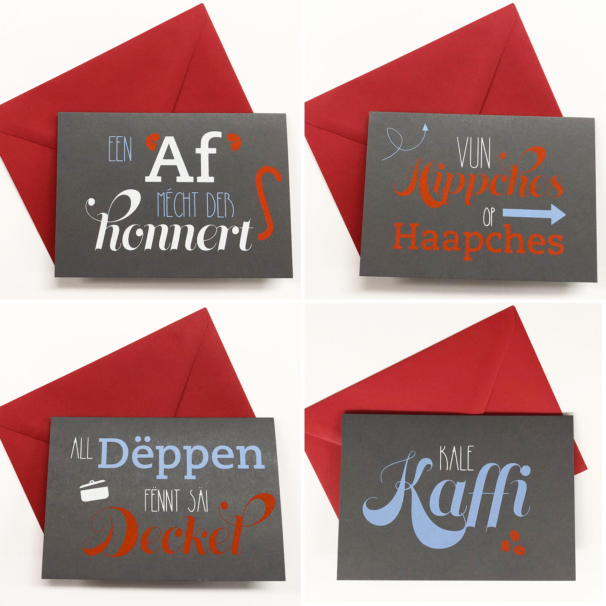 Set de 4 cartes double avec des expressions en luxembourgeois, avec enveloppes 