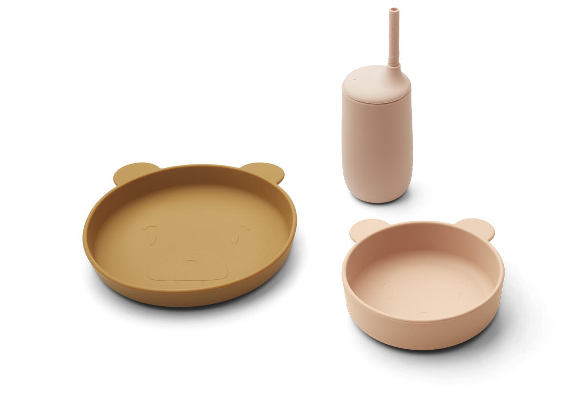 Vaisselle en silicone pour enfants Set Nathan - Mélange rose ourson