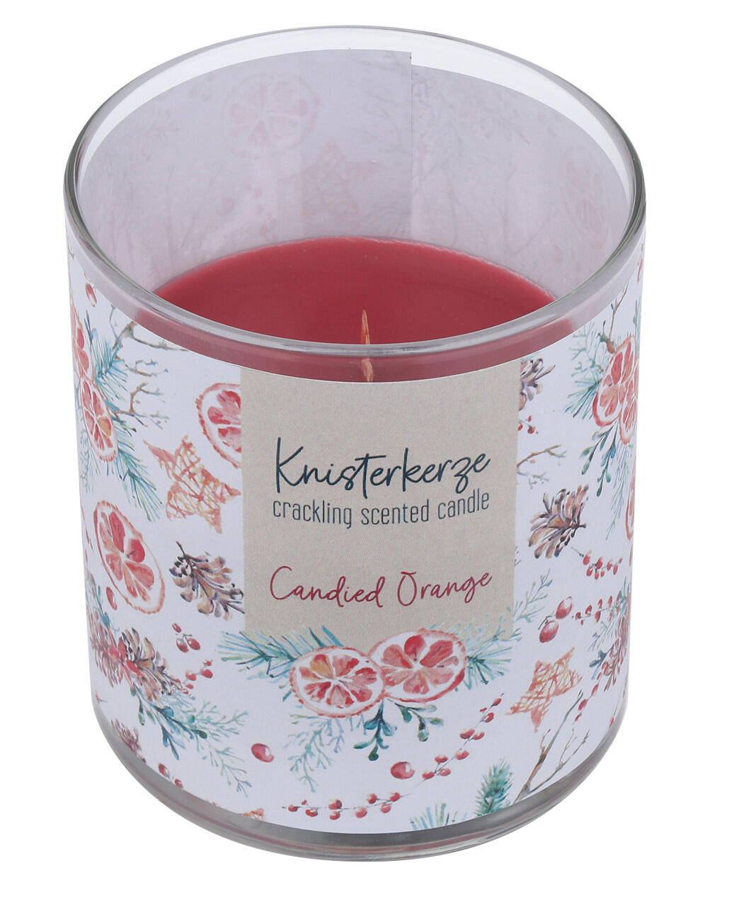 Steinhart crackling candle with Candied Orange scent, Ø 8 x 9.2 cm, in a glass jar, antique red