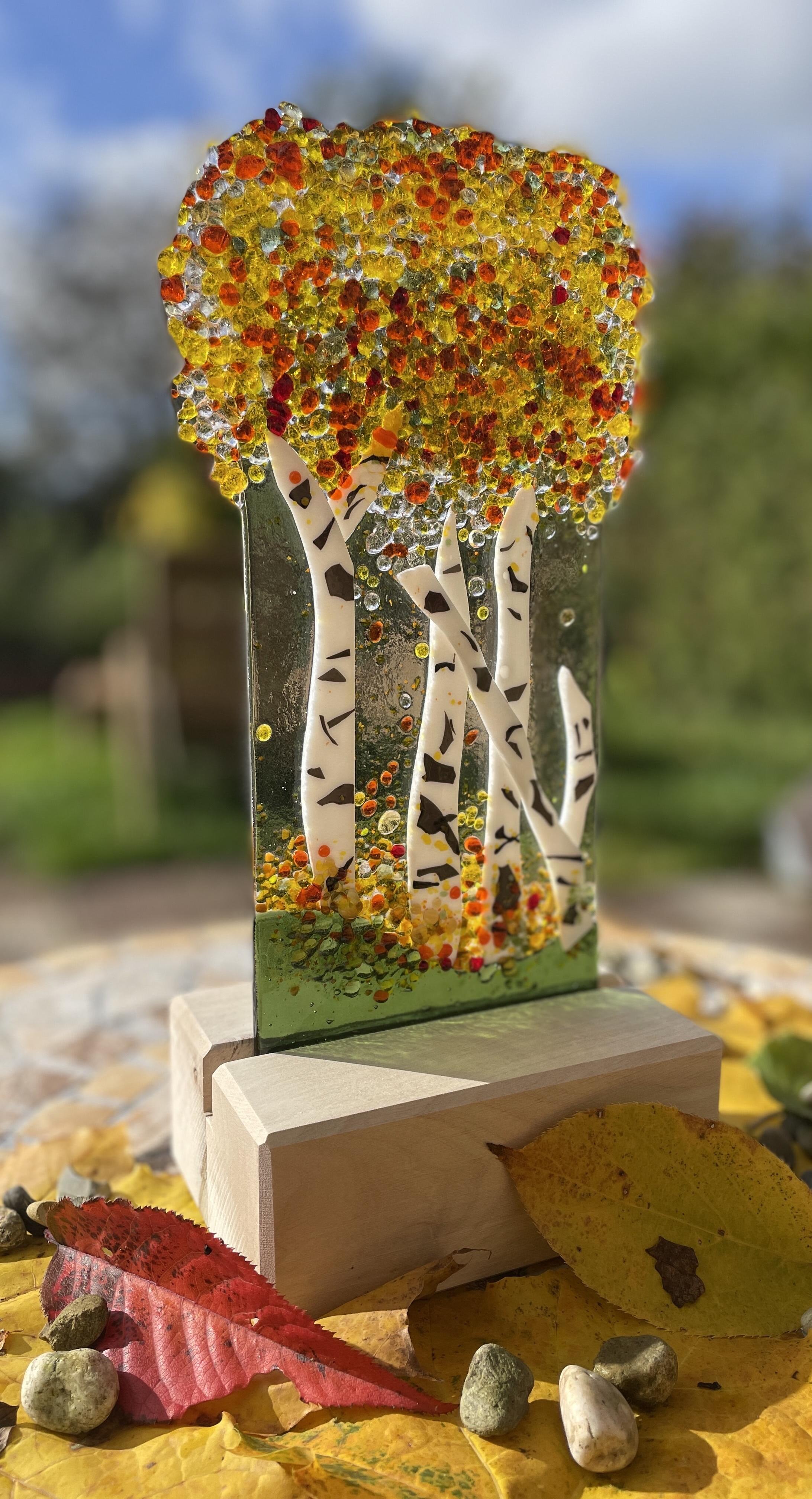 “Indian summer” Motif d’automne en verre et bois de bouleau, pièce unique, fait main