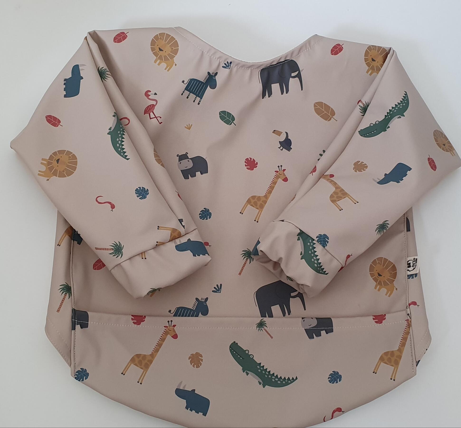 Bavoir avec manches (évolutif et imperméable) Made in Luxembourg "Animaux beiges"