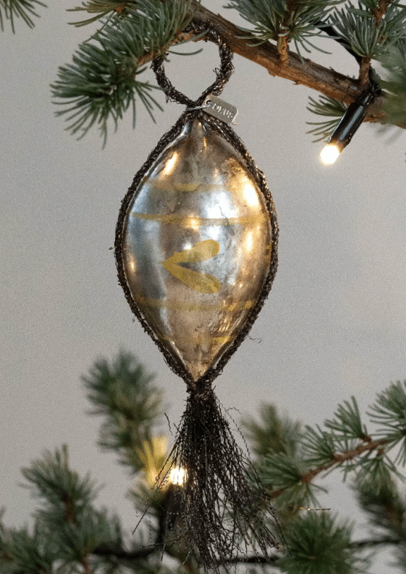Christmas ornaments - glass ball with tinsel and hand-painted decorations