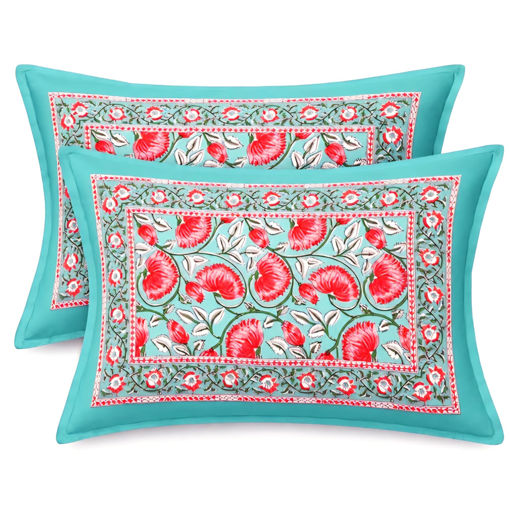 Indisches Luxus-Baumwoll-Kissenbezug-Set, Türkis und Rosa Blumenmuster