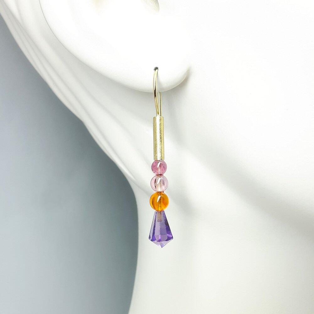 18k yellow gold drop earrings featuring fire opal, tourmaline, and amethyst drops. One-of-a-kind.