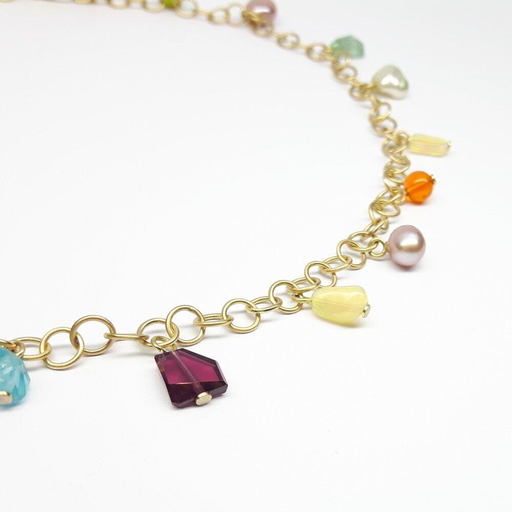 18k yellow gold necklace with tourmaline, opal, peridot, apatite and pearls. One-of-a-kind.
