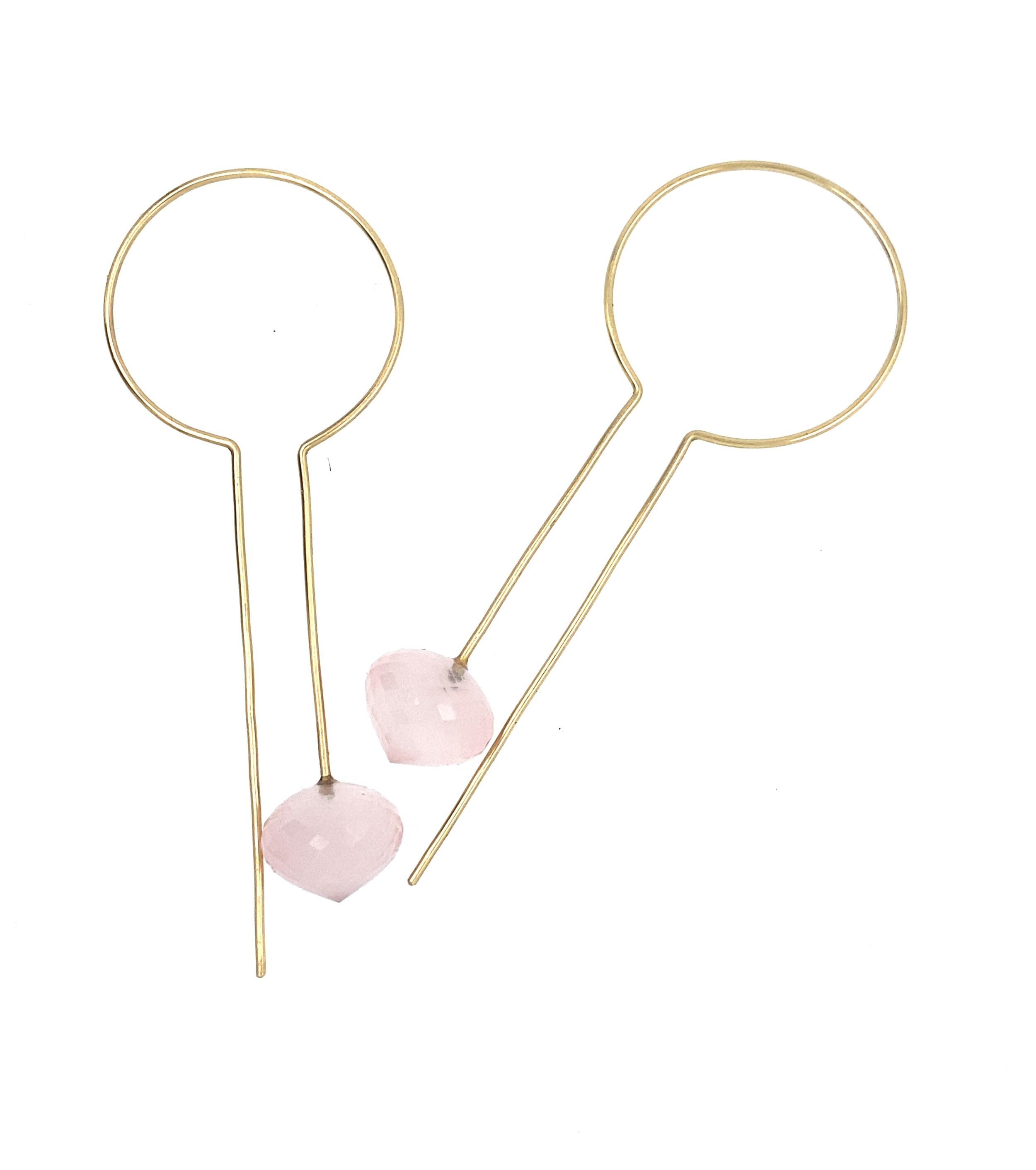 Boucels d`oreilles pendantes en or jaune 18 kt 750/- Fairtrade avec quarz rose / Nancy Fis Jewellery