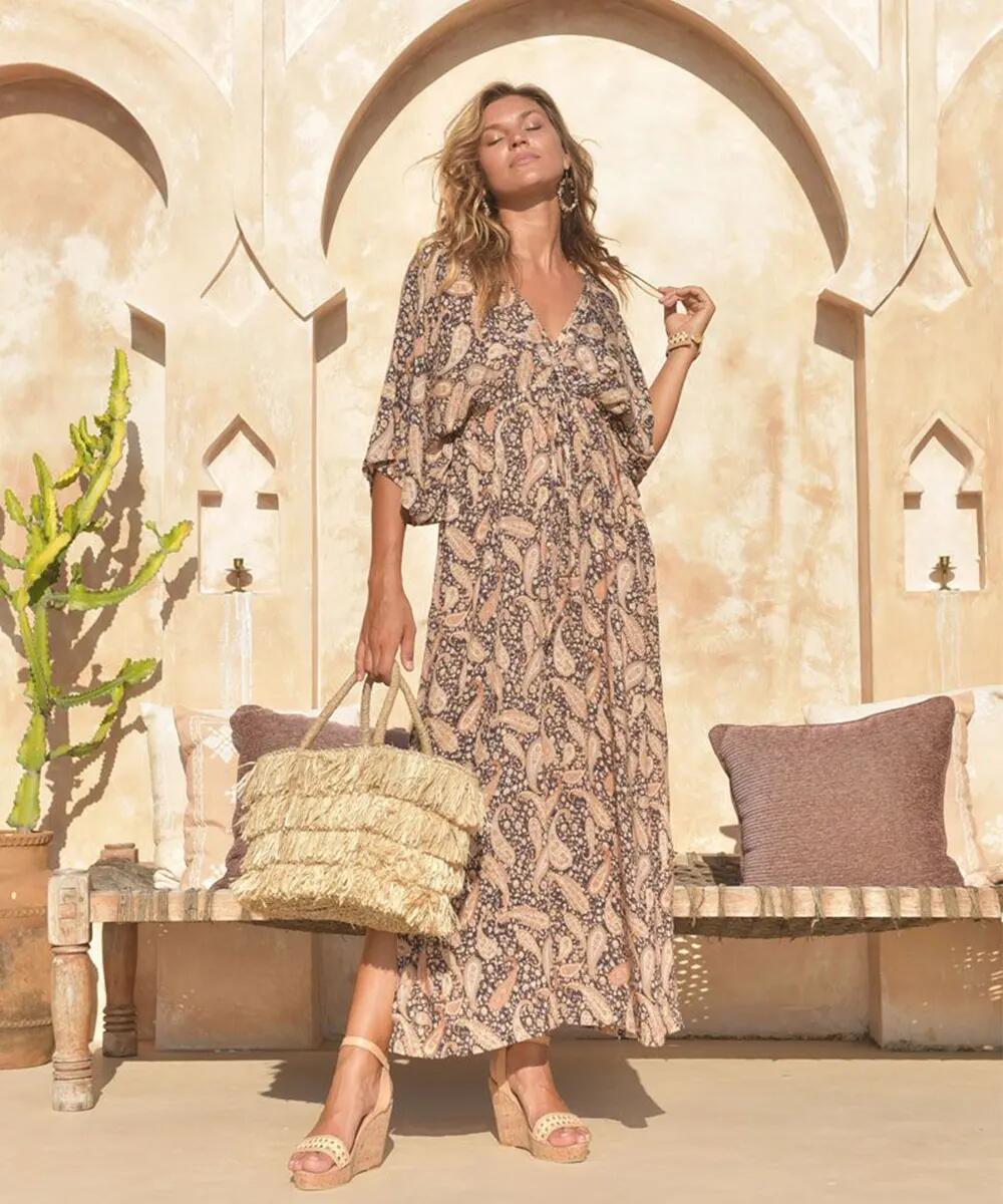 Hot Lava robe - Alana Paisley Bloom Black - noir / beige - 1802 - robe oversize à lacer