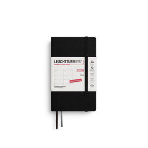 372563: Agenda Semainier Pocket (A6) 2026, Couverture souple, Noir, Allemand Gummibandverschluss und Falttasche, Leuchtturm 1917