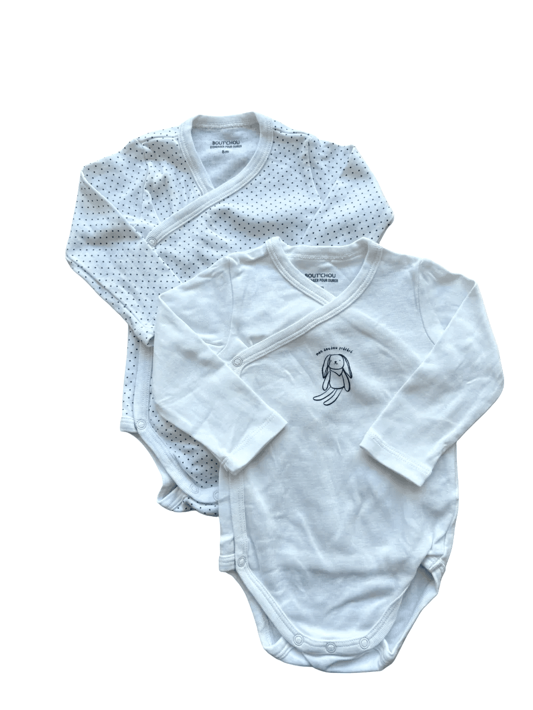Bout'chou bodys croisés à pois blancs et motif lapin — ensemble de 2 (6 mois)