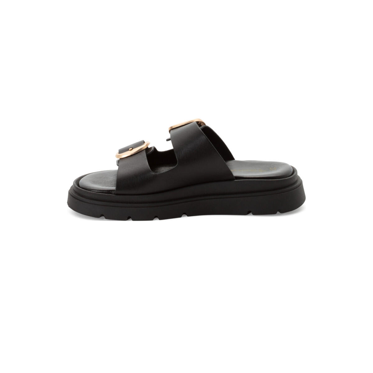 Casual women's slide sandal with bold buckles