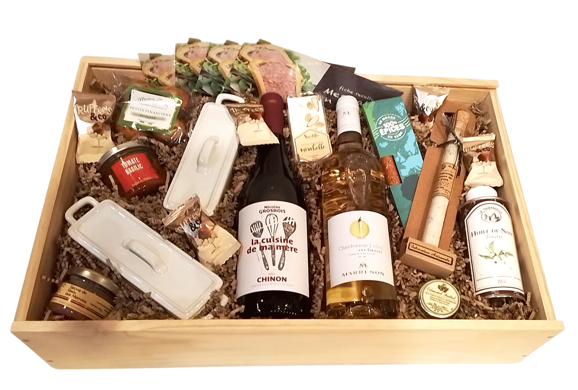 Geschenkkorb / Holzkiste "Délices en Cuisine" (Köstlichkeiten in der Küche)