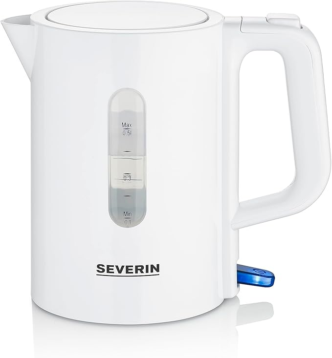 SEVERIN Ensemble bouilloire de voyage, bouilloire de voyage de 0,5 l à tension commutable (115/230 V), bouilloire électrique avec 2 tasses en plastique et 2 cuillères, blanc, WK 3462