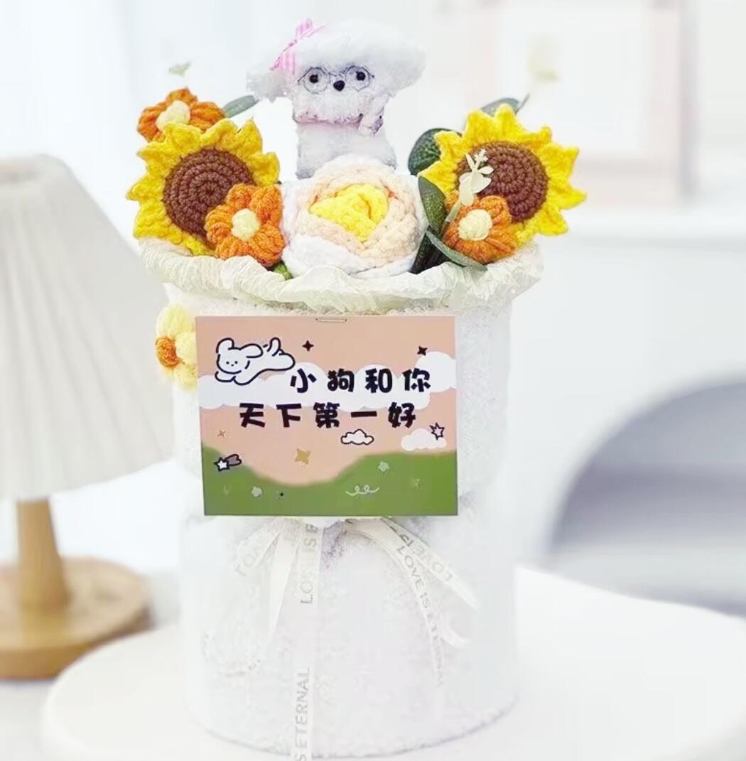 Sweet Pastel Yellow Crochet Flower Bouquets with Cute Fluffy Dogs