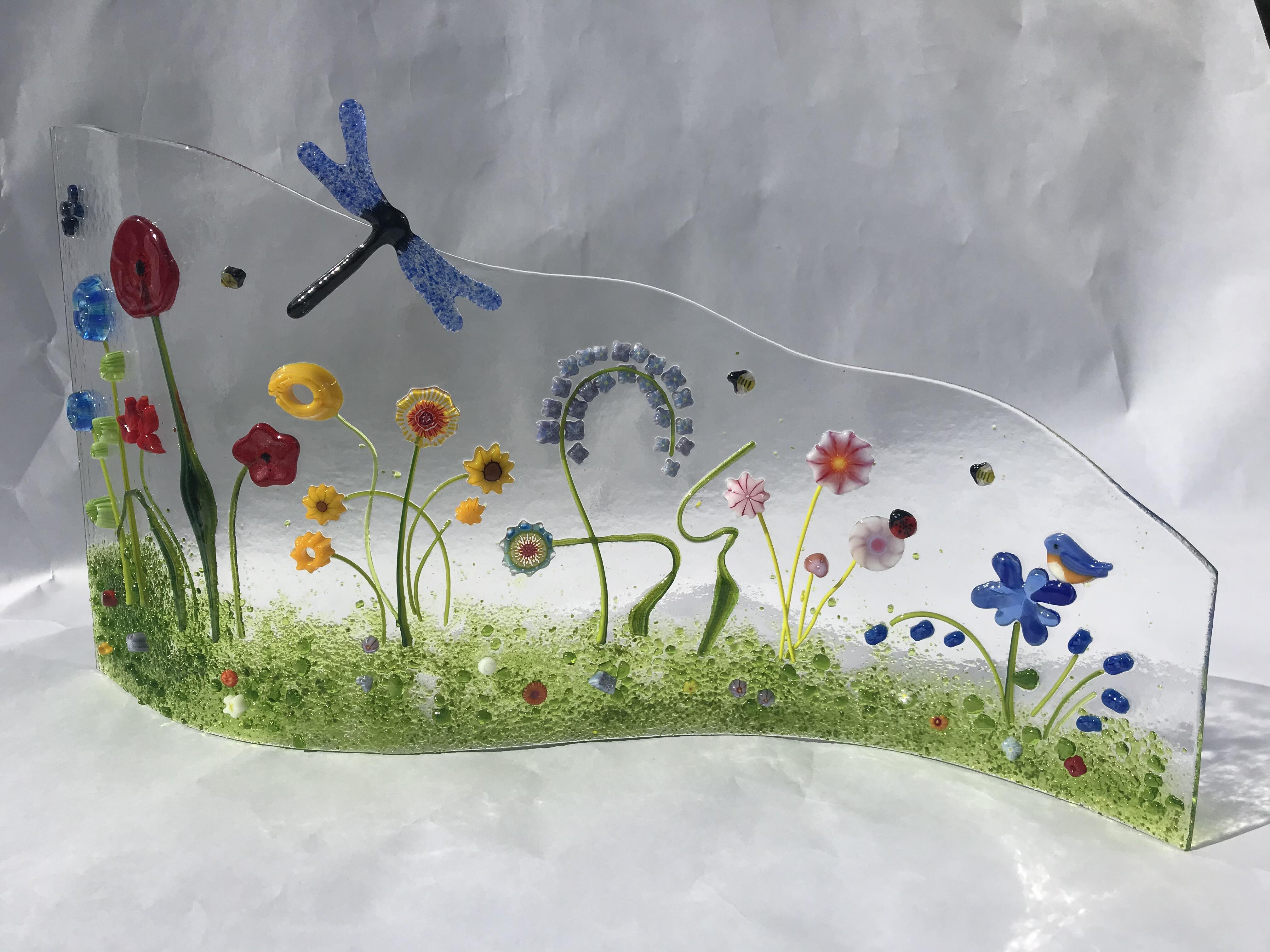Blumenwiese aus Glas, handgemacht, mit vielen schoenen Millefiori, Einzelstueck