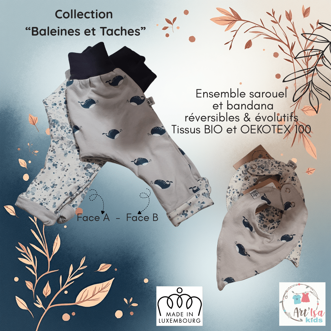 Ensemble 3 articles "Baleines et Taches" (sarouel et bandana)
