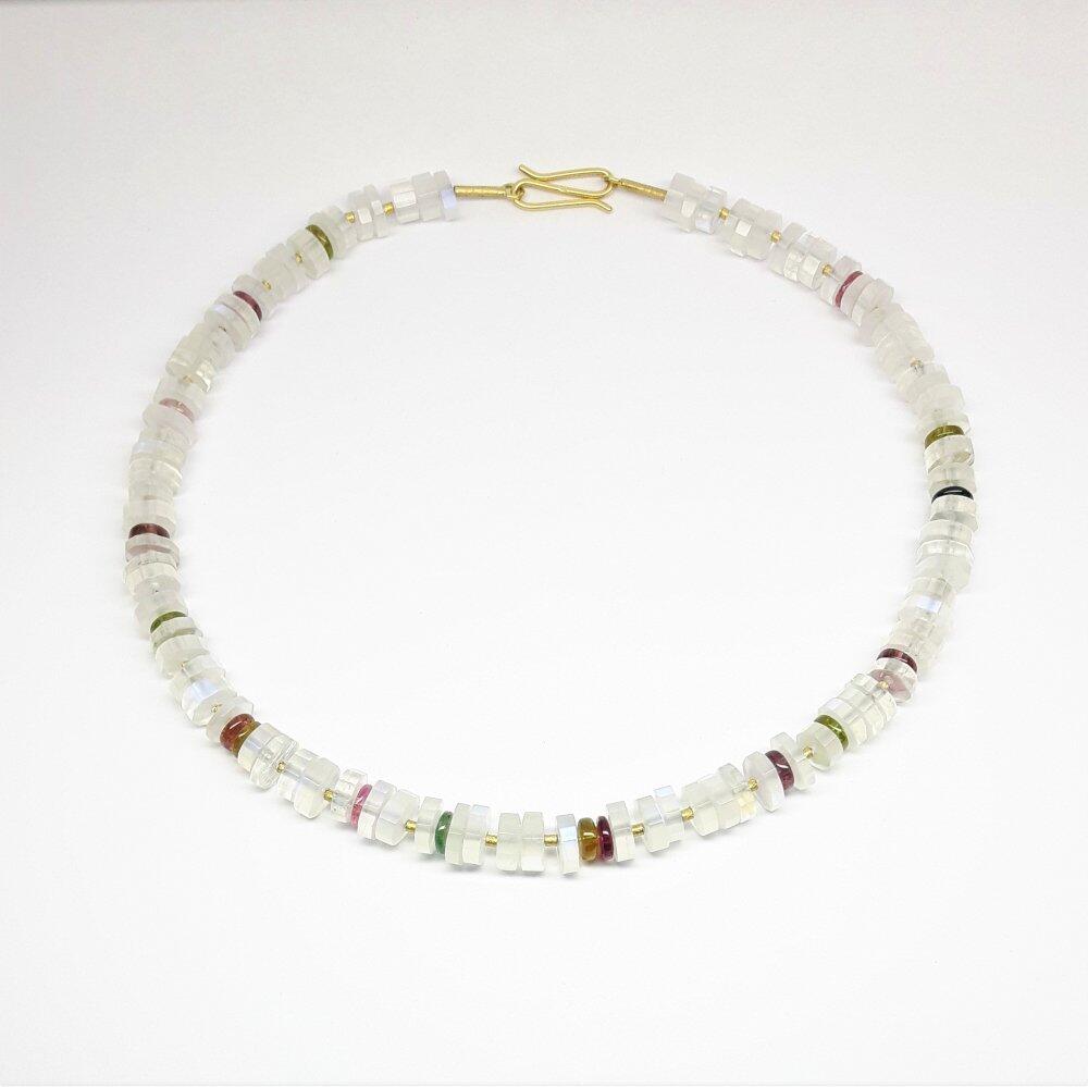 Gemstone necklace made of moonstone, tourmaline and 18kt yellow gold. Unique piece.