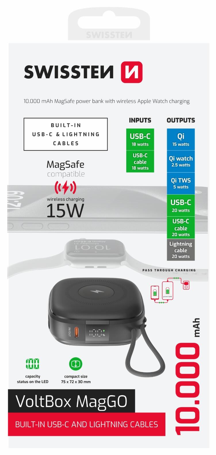 SWISSTEN POWER BANK VOLTBOX MagGO 10000 mAh WITH BUILT-IN CABLES + MAGSAFE + APPLE WATCH