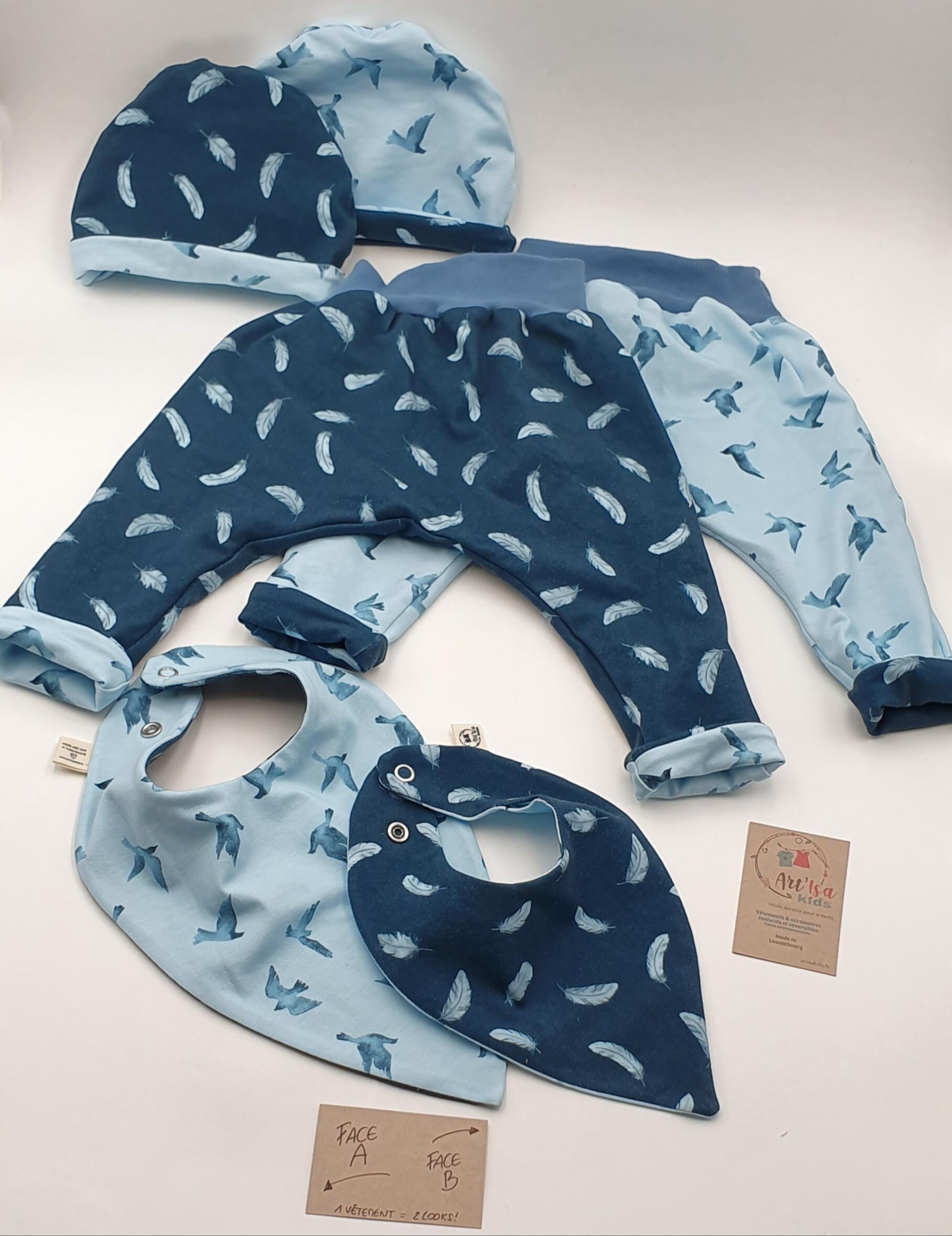 Ensemble 3 articles "Oiseaux bleus" (sarouel, bonnet et bandana)