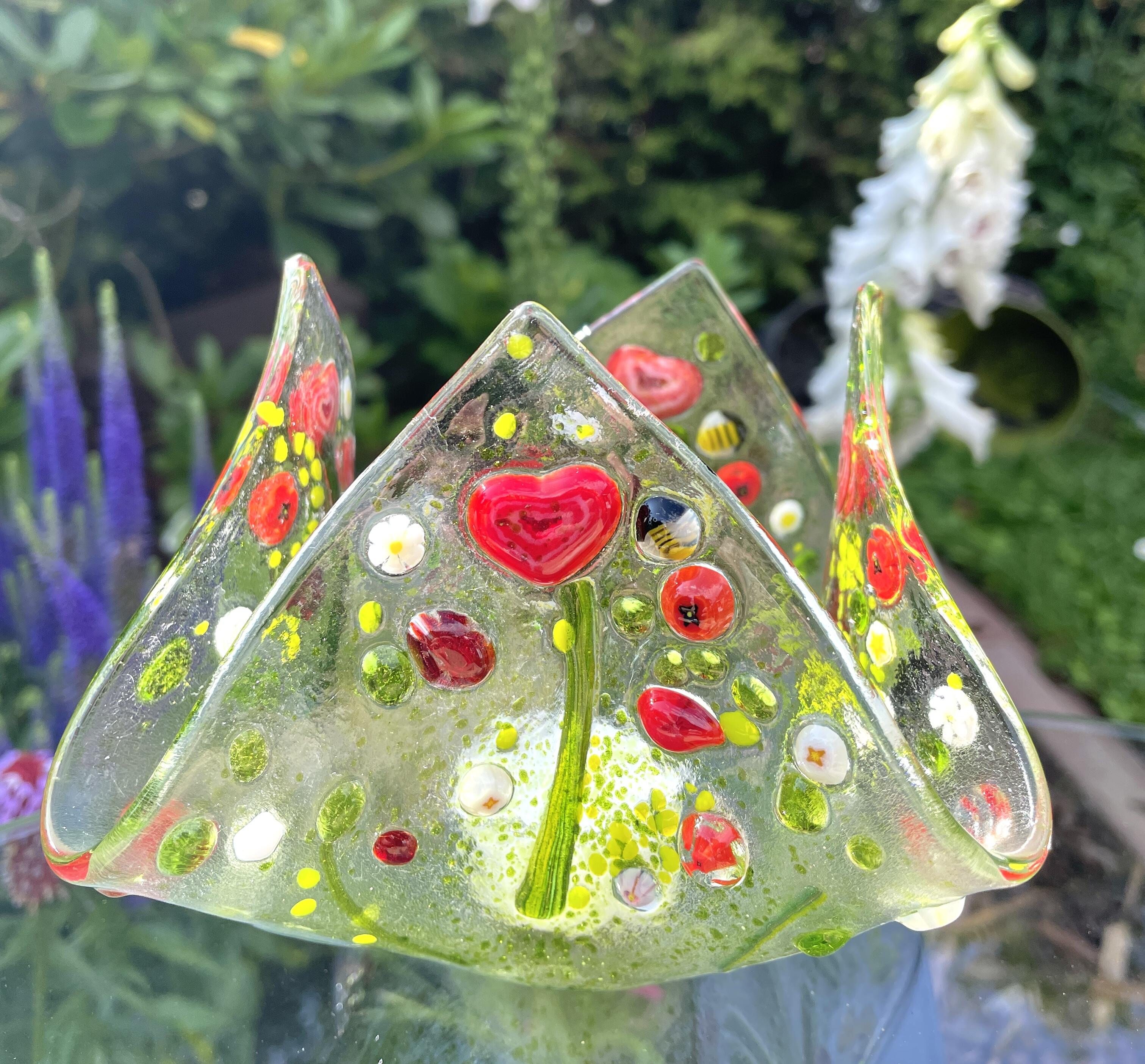 Candle holder made of transparent glass with Millefiori flowers and colorful highlights, red heart, unique piece