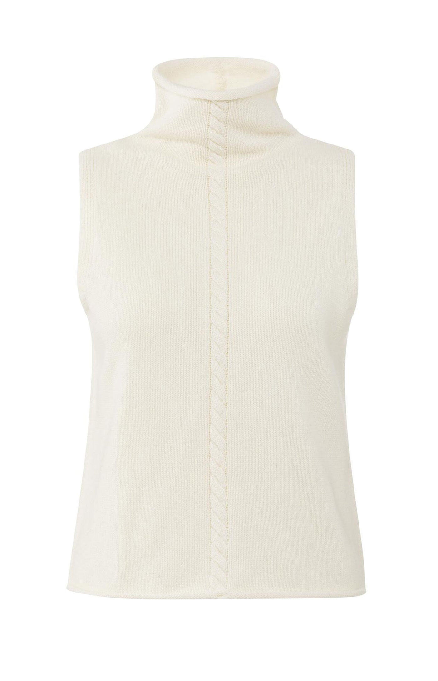 Sleeveless sweater with a high neckline.