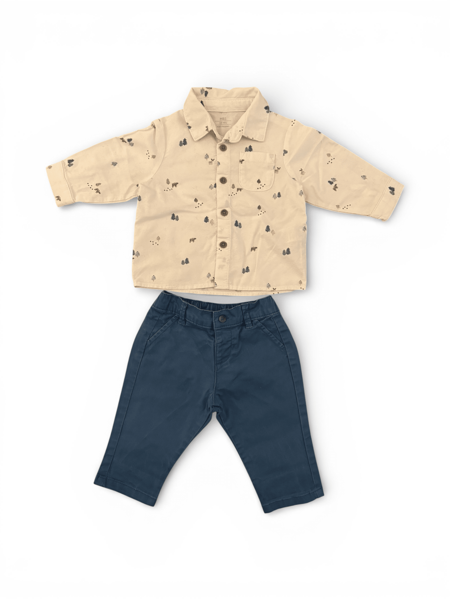 M&S Woodland Ensemble chemise et pantalon bleu (3-6 mois)