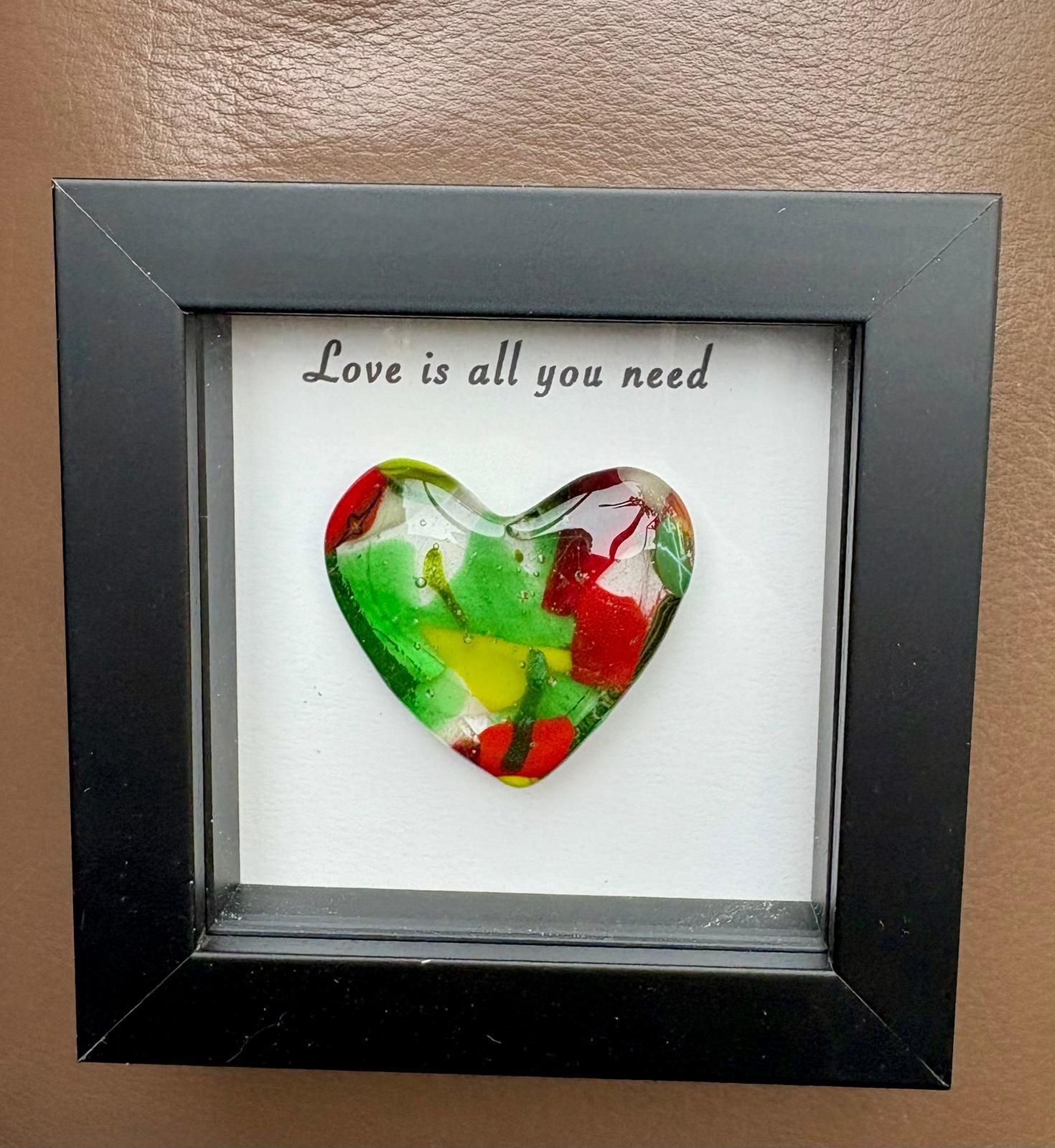 Millefiori glass heart, one-of-a-kind, handmade in a black wooden frame