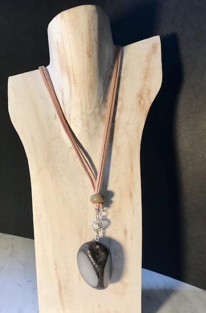 Rough leather necklace with Grey Tagua nut and jasper