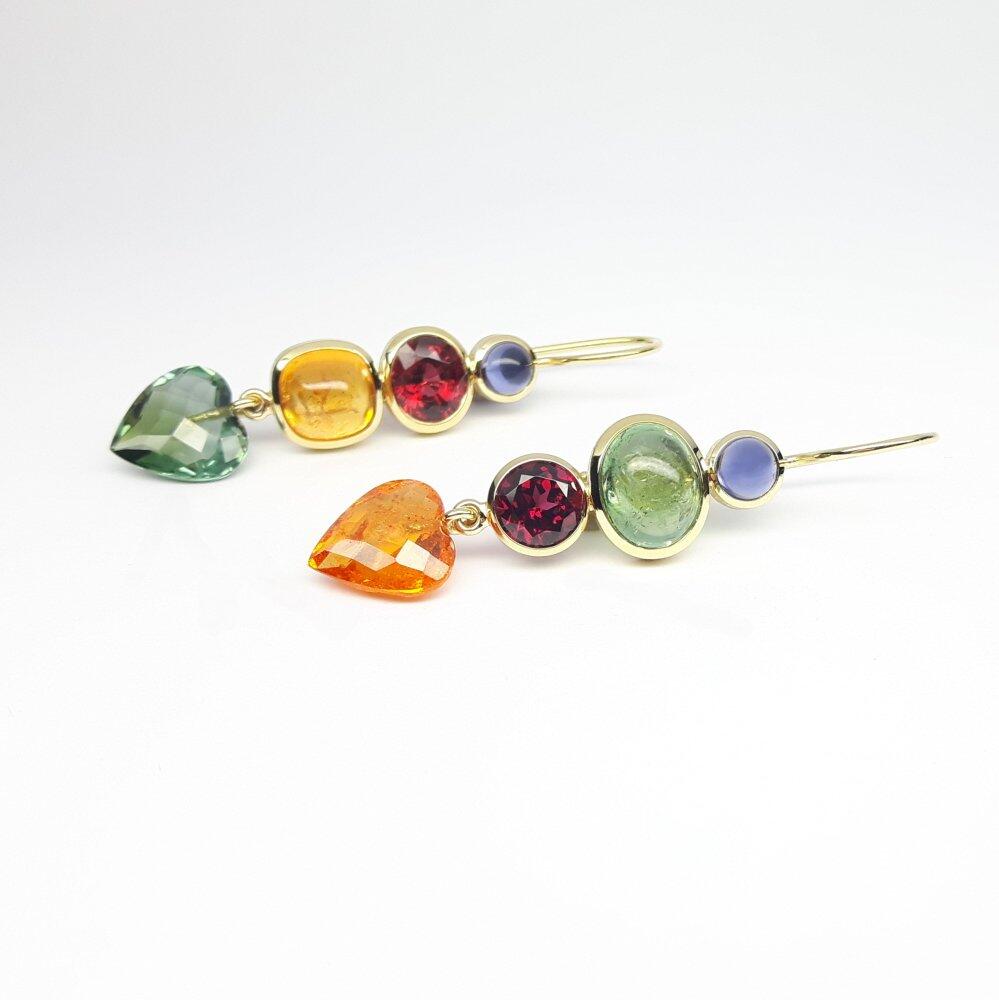 Earrings in 18kt yellow gold, mandarin garnet, tourmaline, rhodolite and iolite. One of a kind.