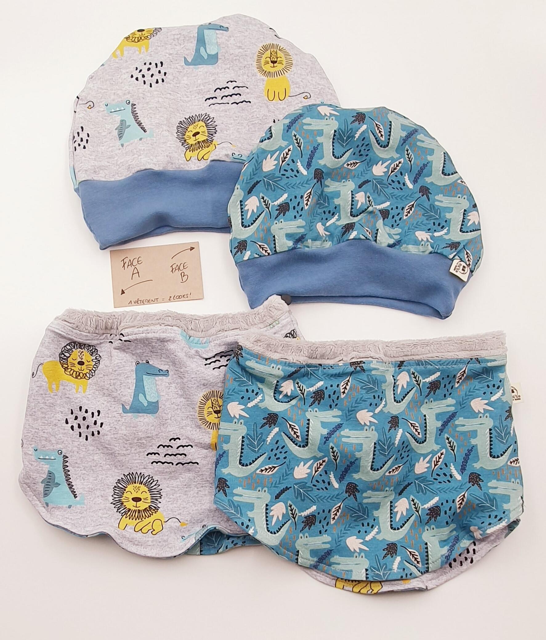 Ensemble hiver bonnet + col "Lions & Dinos"