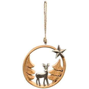 15 cm round wall hanging - mango wood and aluminum - Wald Hirsch Stern - Winter 639a