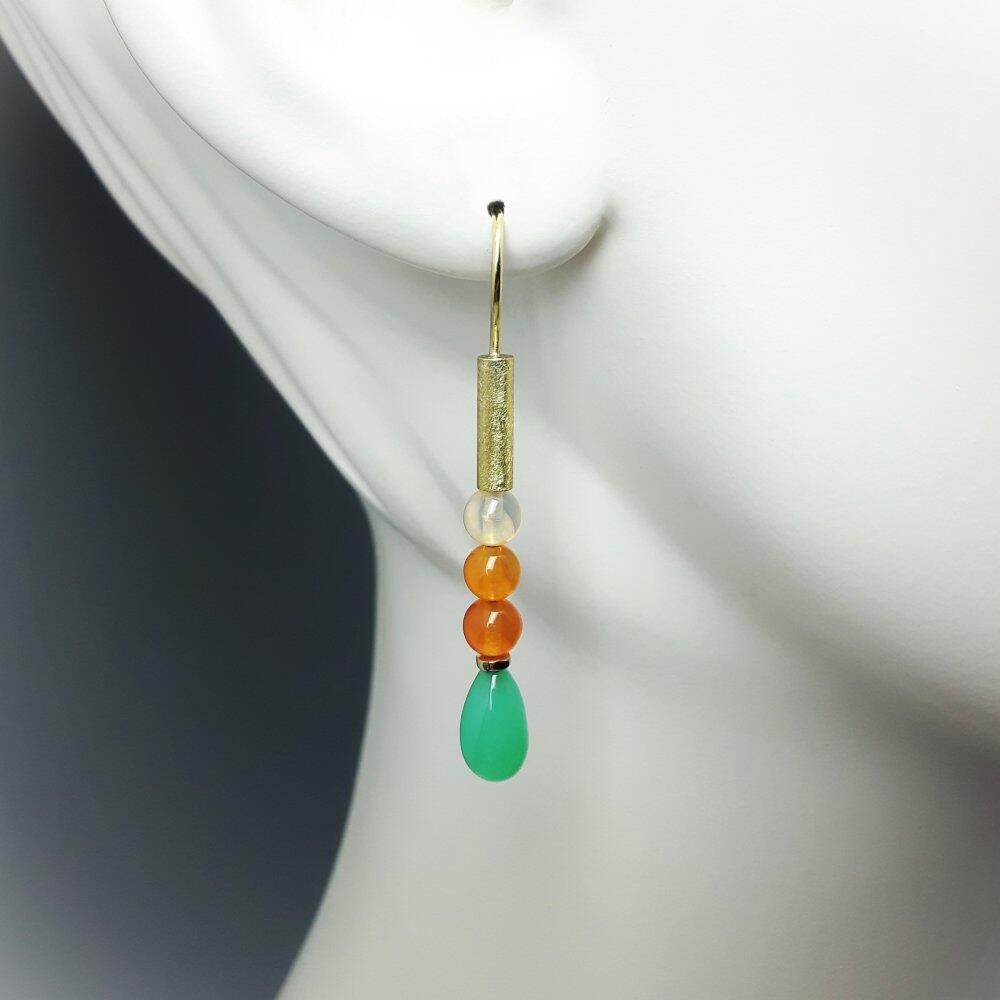 18k yellow gold drop earrings with chrysoprase pom-poms and fire opal spheres. One-of-a-kind.