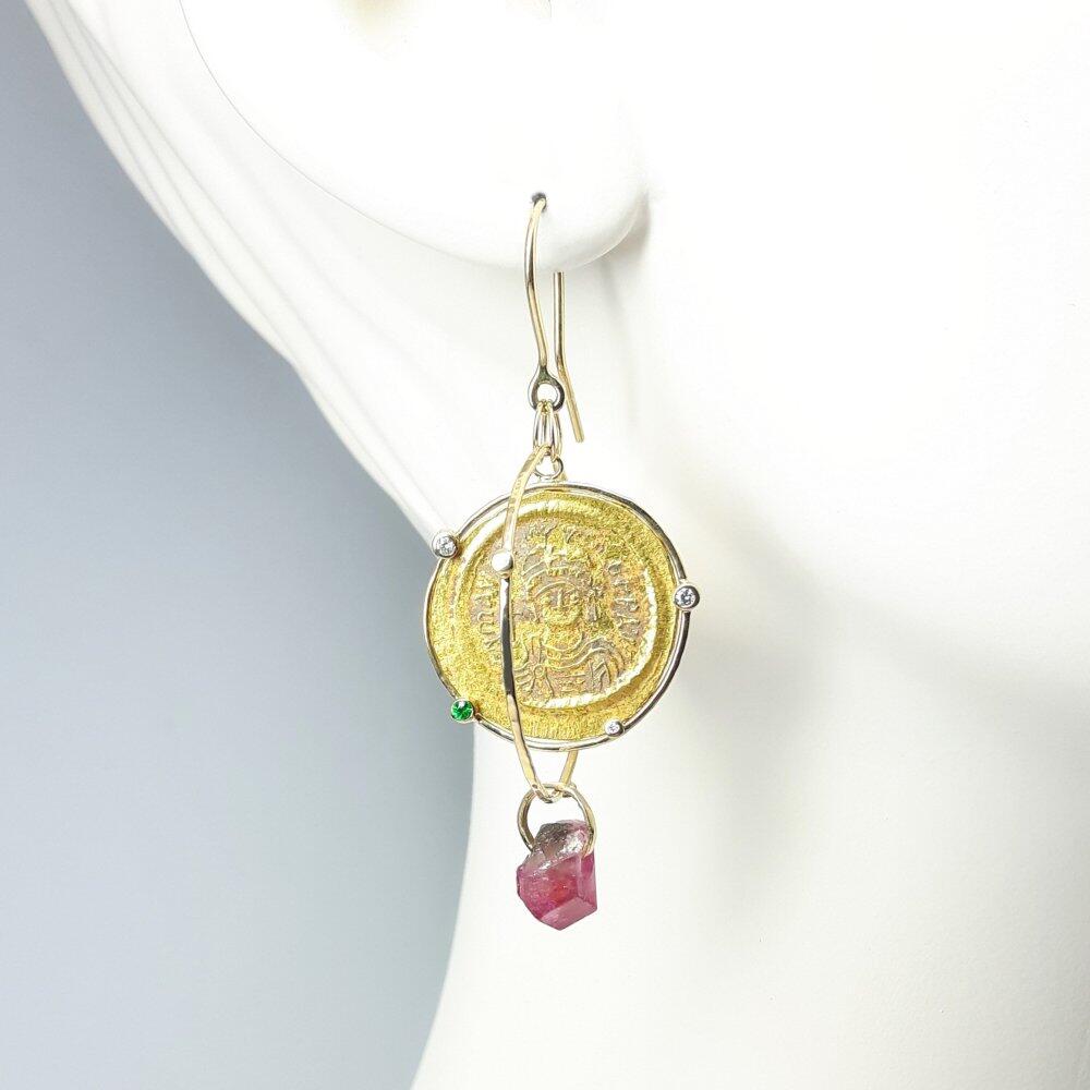 Earrings by guest designer Christian Rauch. Antique Byzantine coins, 18kt yellow gold, tourmaline crystals, tsavorites and flawless diamonds. One of a kind.