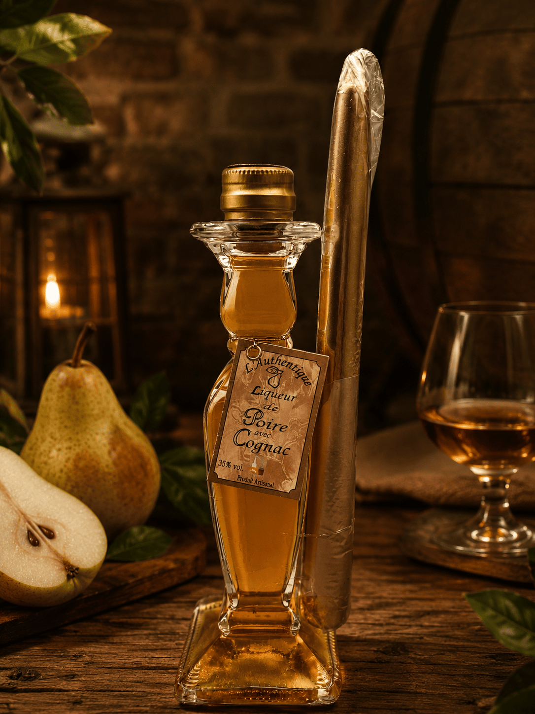 Birnenlikör mit Cognac 35% Kerzenständer mit echter Kerze 0,2 L