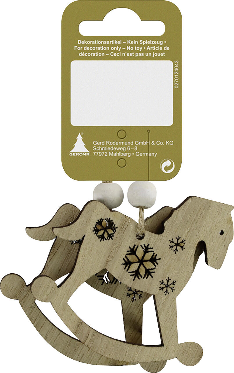 Christmas ornament - wooden rocking horse, natural wood, 6.5 cm, set of 2