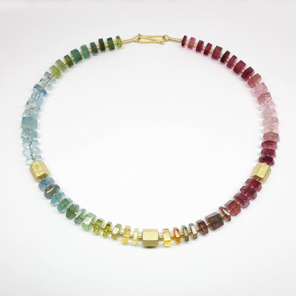 Necklace made of fine tourmaline, aquamarine, morganite, gold beryl and 18kt yellow gold. Unique piece.
