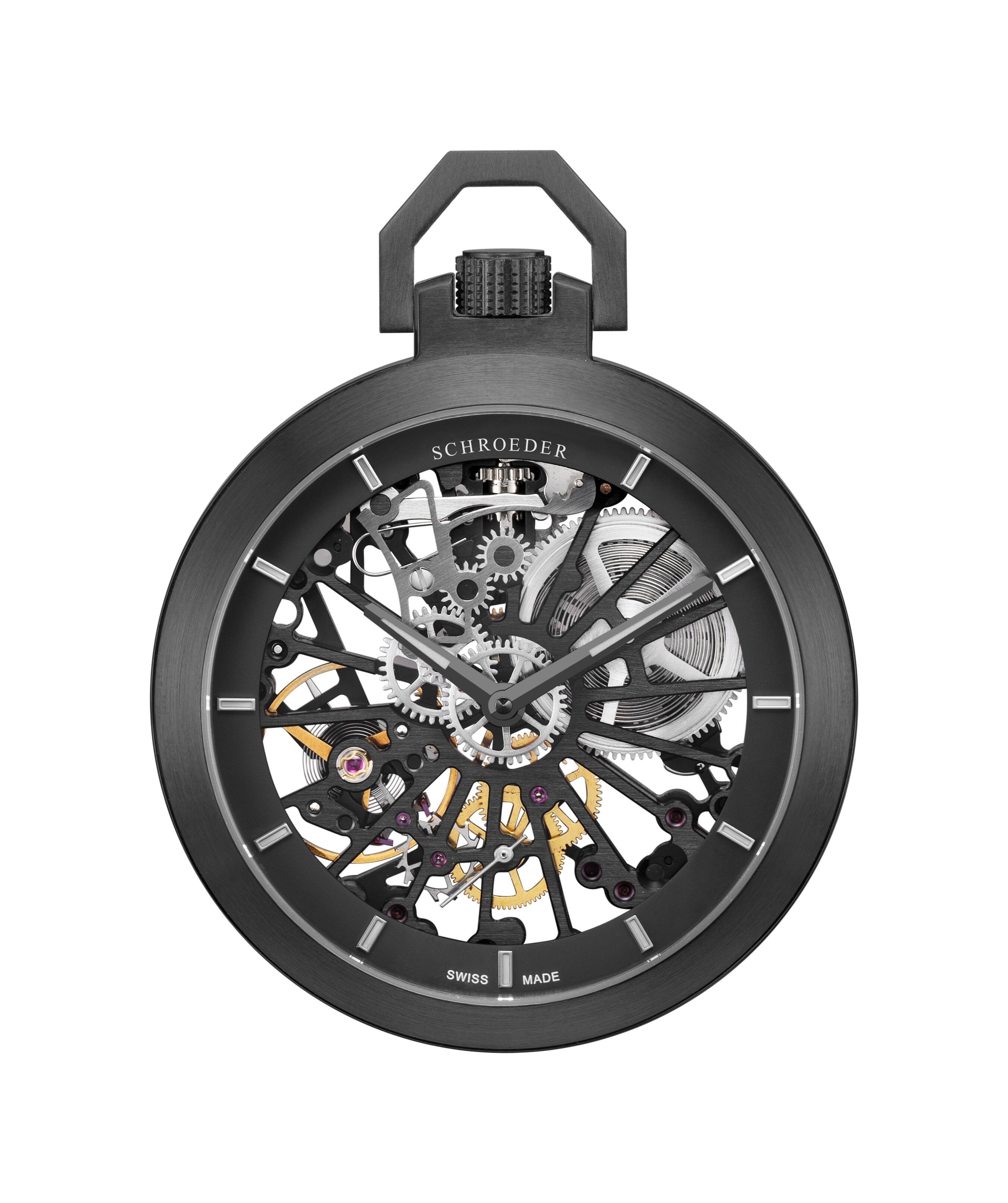 Eine Taschenuhr von Schroeder Timepieces aus Stahl mit kreisförmig gebürsteter schwarzer PVD-Beschichtung