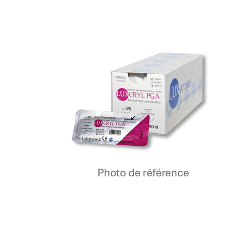 LUXCRYL PGA – EP 1.5 (USP 4/0), 3/8 cercle coupe inversee, 19 mm, 75 cm, violet, boite de 12