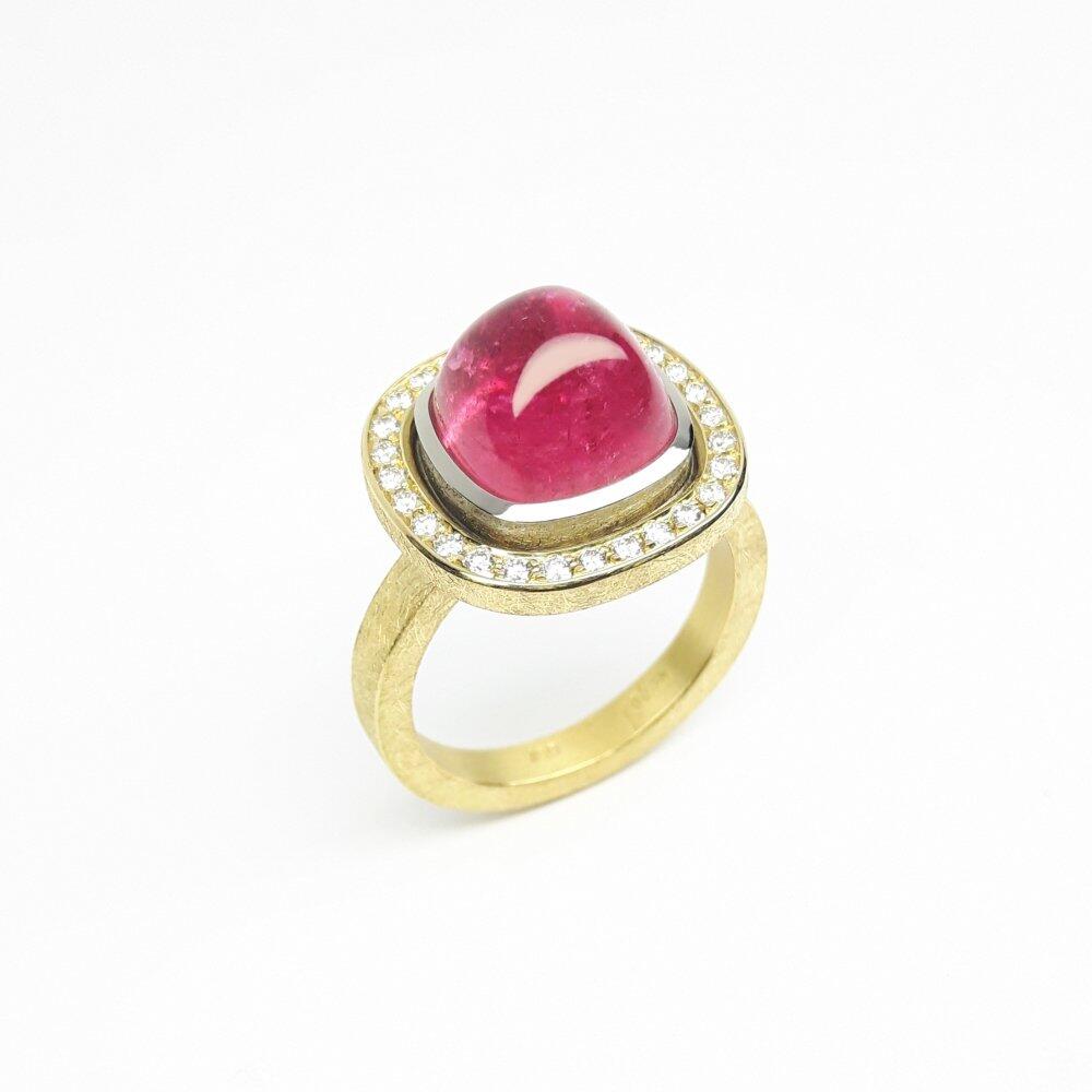 18k yellow and white gold ring featuring pink tourmaline and diamonds. One of a kind.