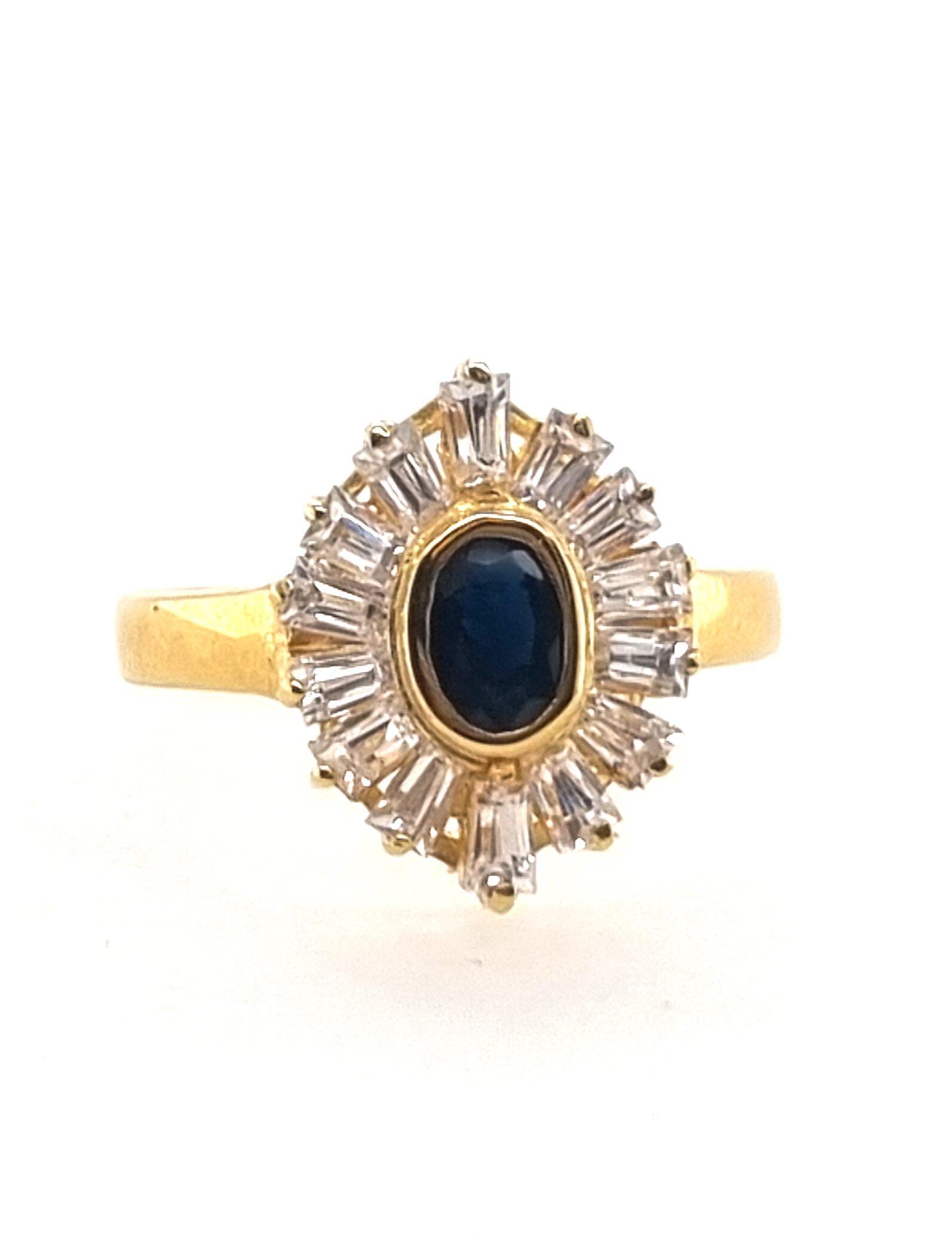 Bague entourage Halo or jaune 18k avec véritable saphir et zircon forme baguette