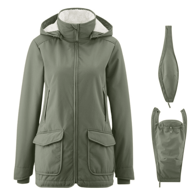 Mamalila Hooded - All-Weather Carrier Jacket Cozy All-rounder, Maternity Jacket, Winter Jacket, Winter Carrier Jacket, Windproof, Baby Carrier Jacket, with Teddy Fleece Lining, Color: Agave